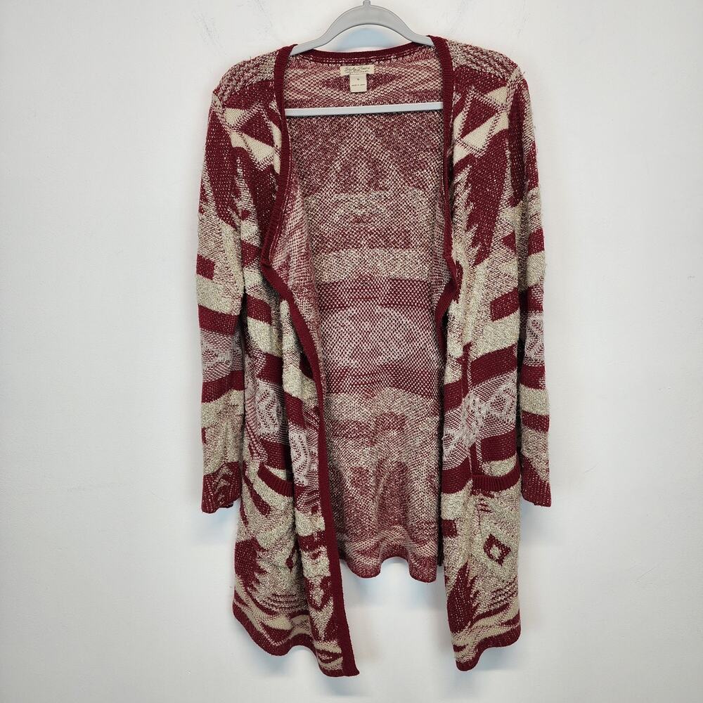 Lucky Brand Womens Cardigan Sweater Size M Aztec Red Beige Cotton Wool Vintage